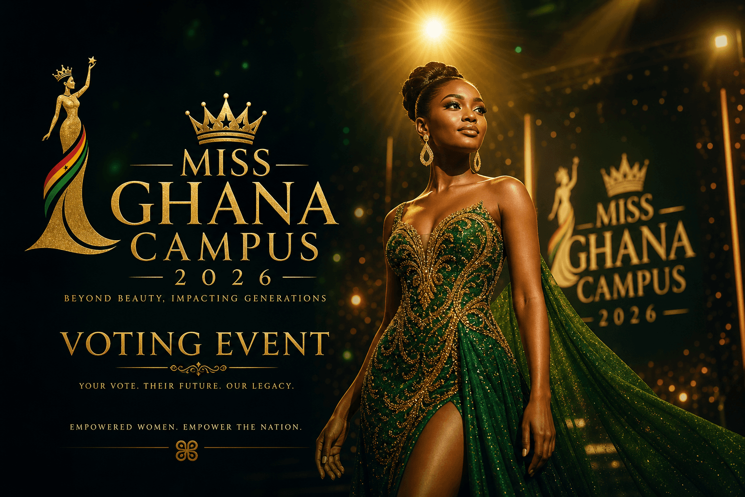 Live voting event in Ghana — contestants on stage with audience voting via mobile
